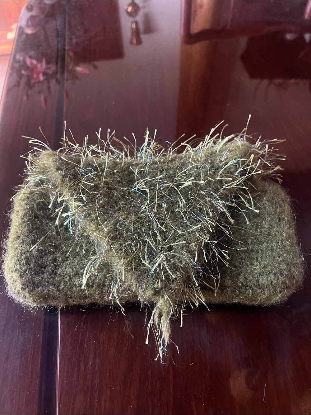 Handmade Olive Green Fuzzy Knit Wallet Clutch